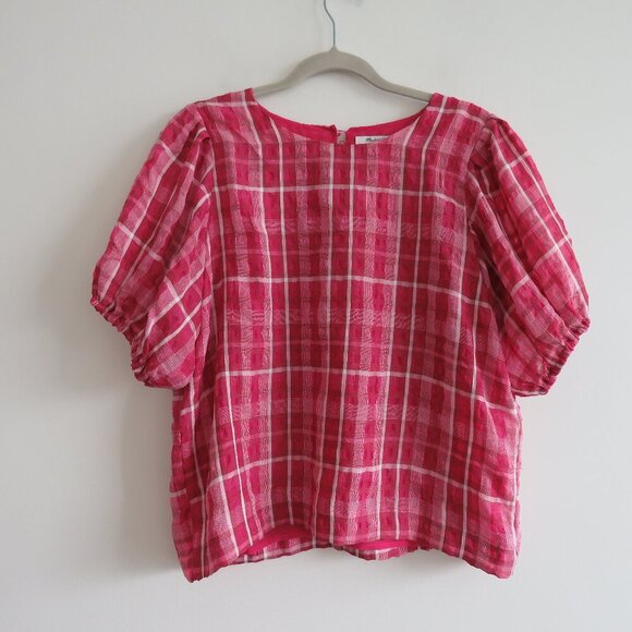 MADEWELL Plaid Puff Sleeve Top in Azalea Plaid Boho Preppy - Size M - Picture 2 of 14